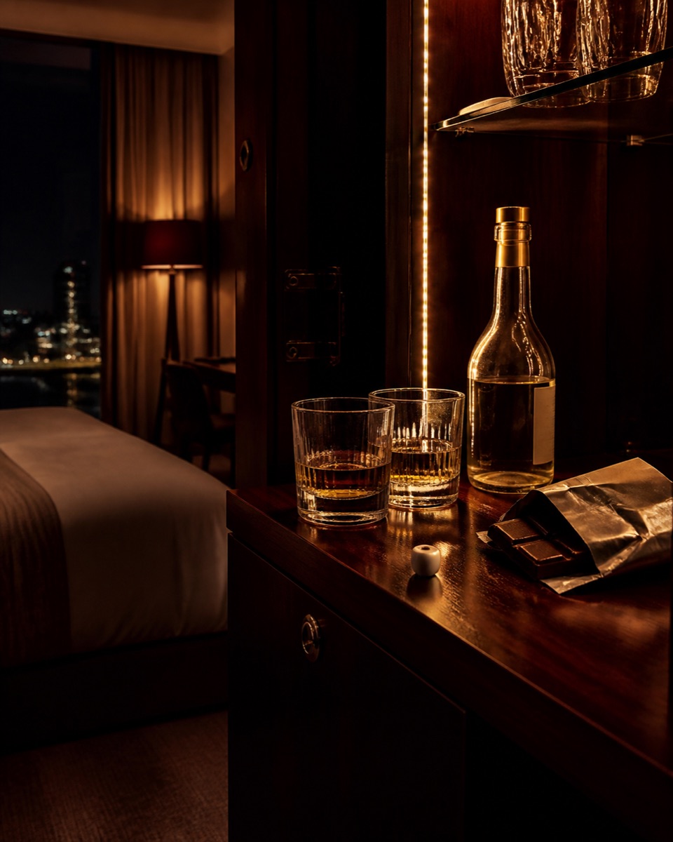 Minibar de hotel iluminado de noche