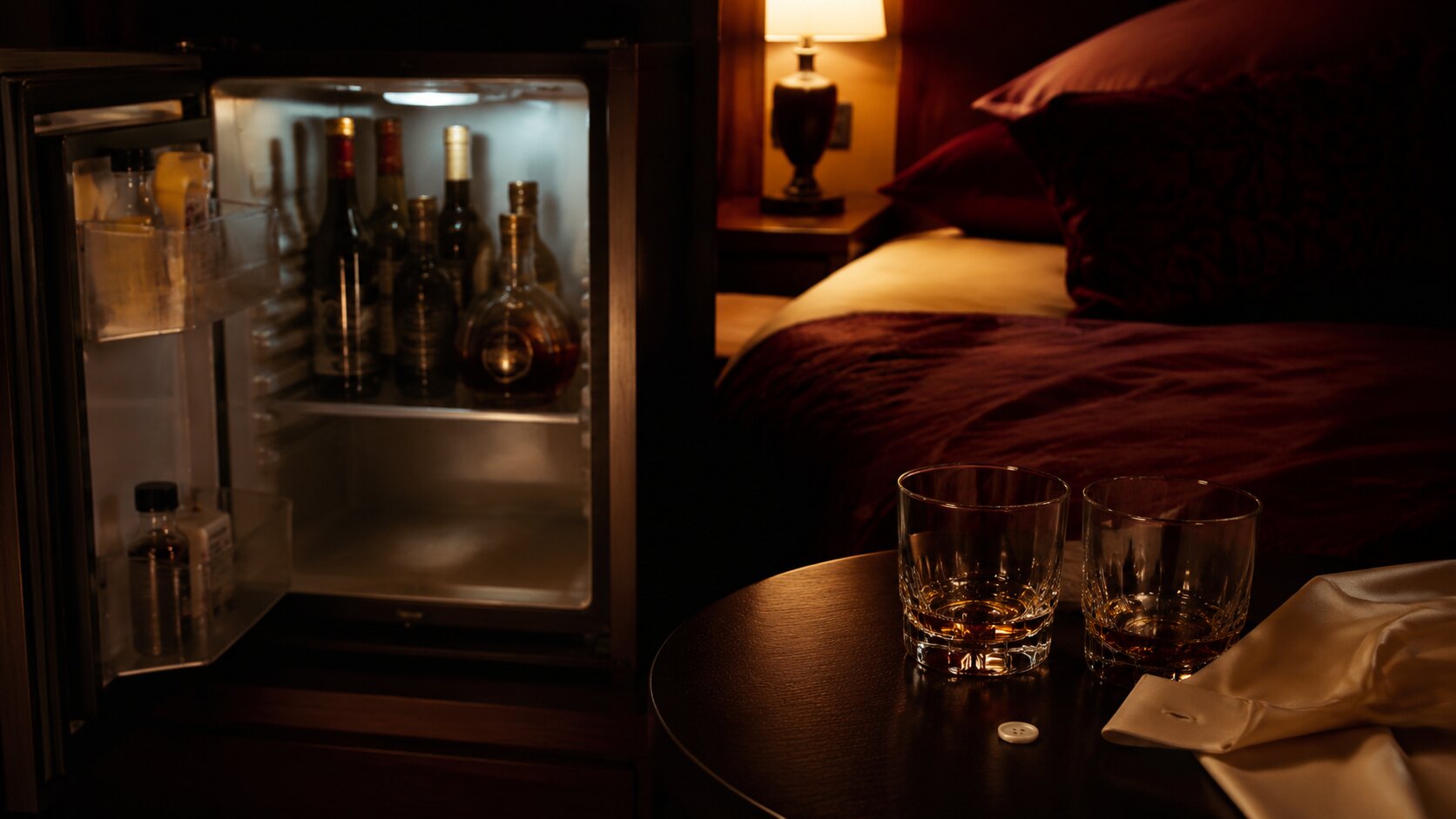 Minibar de hotel iluminado de noche con dos vasos y un botón de nácar